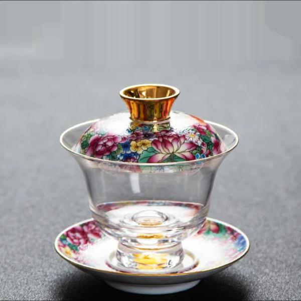 茶器ガラス蓋碗 200ml 磁器蓋と受け皿付き（花模様）高級 食器