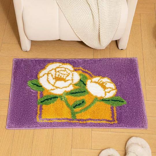 ふわふわ山茶花デザインマット 50×80cm 滑り止め付き玄関・お風呂用ラグ