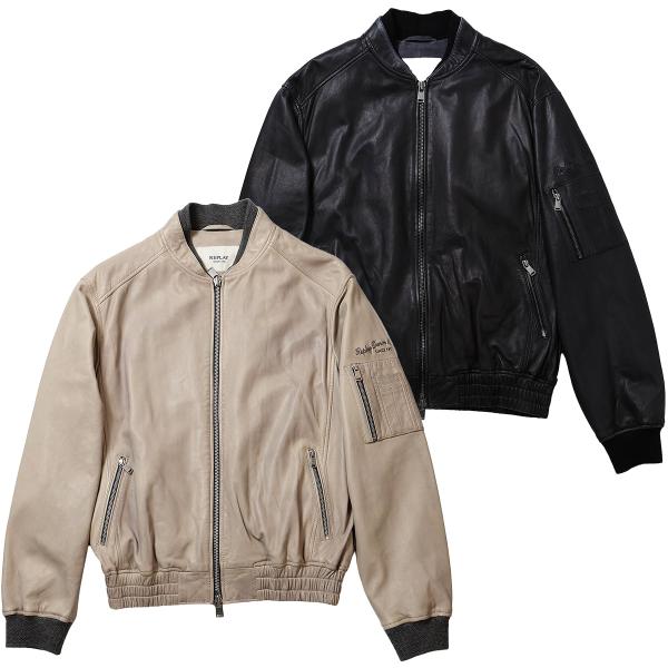 リプレイ ラムレザーボンバージャケット バイク ウェア アウター REPLAY LAMB LEATH...