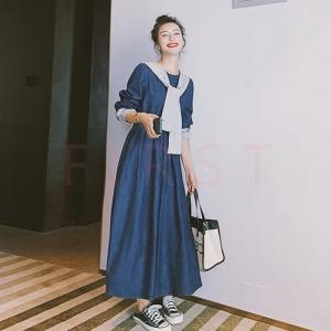 デニムワンピース レディース 40代 ワンピース マキシワンピース 長袖 Aライン ゆったり 春秋新作 オシャレ無地デニムワンピース 韓国風 着痩せ 大人可愛い