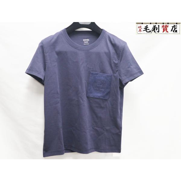 エルメス HERMES Tシャツ 3E4620DL Mosaique 刺繍入り ポケット ネイビー ...