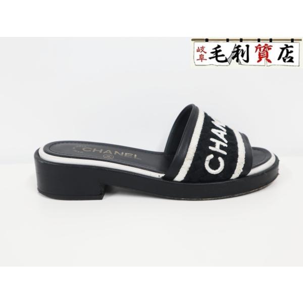 シャネル CHANEL G36557 ラムスキン キャンバス ロゴ フラット サンダル ブラック サ...