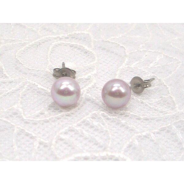 あこやに匹敵上質淡水、チタン淡水真珠ピアスラベンダーカラー7.0mm