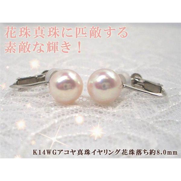 驚き、花珠級のテリ、K14WGアコヤ真珠イヤリング花珠落ち約8.0mm