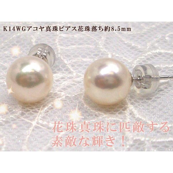 驚き、花珠級のテリ、K14WGアコヤ真珠　ピアス花珠落ち約8.5mm