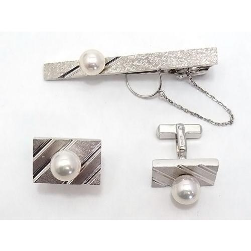 メンズ アコヤ真珠 タイバー カフスセット