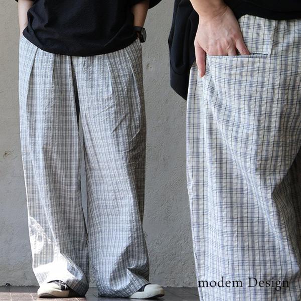 パンツ ワイドパンツ メンズ  チェック柄 綿100 コットン シアサッカー 涼しい ウエストゴム ...