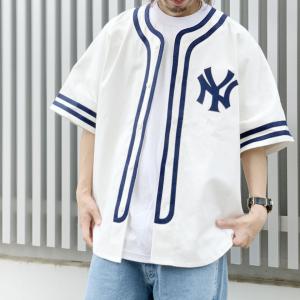 ファナティクス FANATICS ベースボールシャツ MLB NEW YORK YANKEES COTTON BASEBALL SHIRT ヤンキース ナチュラル/ネイビー ホワイト 白 WHITE｜mr-vibes