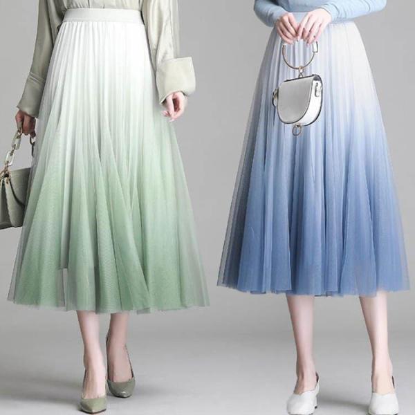 4色ロングスカート レディース プリーツ チュールスカート ボトムス ミモレ丈 グラデーションスカー...