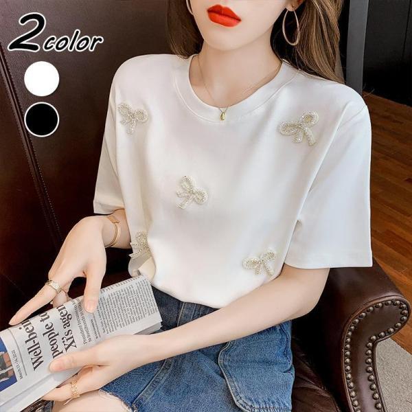 Tシャツ レディース 40代 春夏新作 オシャレブラウス 白Tシャツ 半袖トップス リボンラインスト...