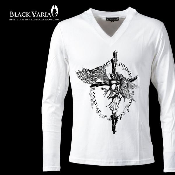 BlackVaria Tシャツ Vネック クロスエンジェル プリント 長袖 ロンT メンズ(ホワイト...