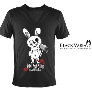 BlackVaria Tシャツ キラー ウサギ ロゴ プリント Vネック 半袖 メンズ(ブラック黒) ztm020｜BLACK VARIA