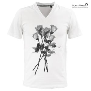 BlackVaria Tシャツ 薔薇 バラ 花柄 Vネック 半袖Tシャツ スリム 細身 mens メンズ(ホワイト白) zkk025｜mroutlet