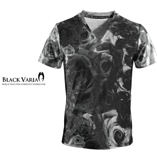 BlackVaria Tシャツ 花柄 バラ柄 Vネック 半袖 メンズ(ブラック黒) bv04