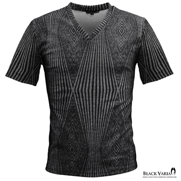 BlackVaria Tシャツ Vネック ラメ 幾何学 細身 ダイヤ柄 ニット 光沢 メンズ 日本製...