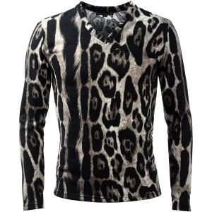 BlackVaria Tシャツ Vネック ヒョウ柄 豹柄 メンズ 日本製 細身 ニット 長袖Tシャツ(グレー灰ブラック黒) 163913｜mroutlet
