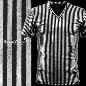 BlackVaria Tシャツ ロンドンストライプ シルバー箔 光沢 Vネック メンズ 日本製 細身 ストライプ 半袖Tシャツ(細シルバー銀ブラック黒) 163919｜mroutlet
