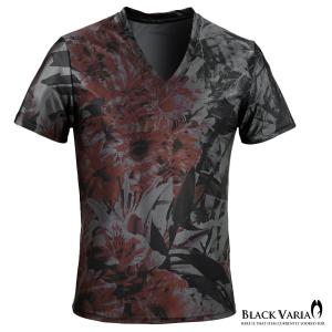 BlackVaria Tシャツ Vネック 花柄 ボタニカル柄 吸水速乾 ストレッチ 日本製 半袖 mens メンズ(グレー灰レッド赤) bv08｜mroutlet