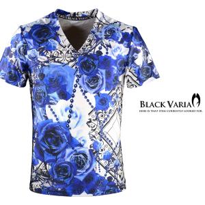 BlackVaria Tシャツ 薔薇柄 花柄 バラ チェーン柄 総柄 Vネック 半袖Tシャツ(ブルー青) bv09｜mroutlet