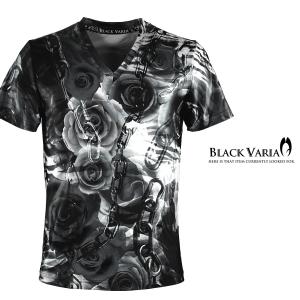 BlackVaria Tシャツ 薔薇柄 チェーン柄 花柄 鎖 Vネック 吸水速乾 半袖 mens メンズ(ブラック黒) bv10｜mroutlet