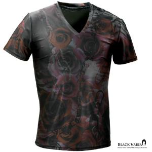 BlackVaria Tシャツ 薔薇柄 チェーン柄 花柄 鎖 Vネック 吸水速乾 半袖 mens メンズ(グレー灰レッド赤) bv10｜mroutlet