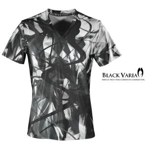 BlackVaria Tシャツ Vネック モダン柄 吸水速乾 ムラ 総柄 日本製 ストレッチ 半袖 mens メンズ(ブラック黒) bv11｜mroutlet