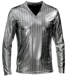 BlackVaria Tシャツ Vネック ヘリンボーン 光沢 メタリック 日本製 スリム ストレッチ 長袖Tシャツ メンズ(シルバー銀) 183712｜mroutlet
