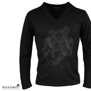 BlackVaria ブラックプリント Tシャツ 長袖 Vネック 牙 豹柄 アニマル柄 ロンT メンズ(ブラック黒花柄バラ柄) zkk057ls｜mroutlet