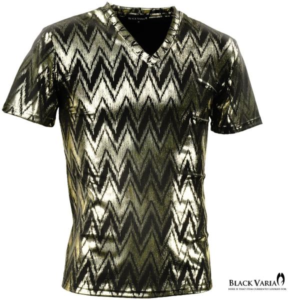BlackVaria Tシャツ Vネック シェブロン柄 ジグザグ 日本製 派手 ラメ 半袖 メンズ(...