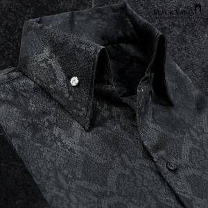 BlackVaria サテンシャツ ドレスシャツ スキッパー ボタンダウン パイソン柄 蛇 ジャガード 長袖 スリム 無地  メンズ(ブラック黒) 191250｜BLACK VARIA