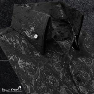 BlackVaria サテンシャツ ドレスシャツ スキッパー 花柄 薔薇 ジャガード ボタンダウン スリム 日本製 無地 メンズ(ブラック黒) 191254