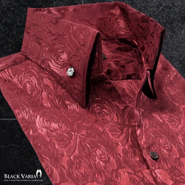 BlackVaria サテンシャツ ドレスシャツ スキッパー 花柄 薔薇 ジャガード ボタンダウン ...