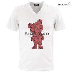 BlackVaria Tシャツ 半袖 熊 クマ アニマル 動物 バラ 花柄 薔薇 Vネック メンズ(ホワイト白レッド赤) zkk068｜mroutlet