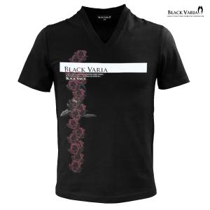 BlackVaria Tシャツ 半袖 ボックスロゴ バラ 花柄 薔薇 Vネック メンズ(ブラック黒) zkk070｜mroutlet