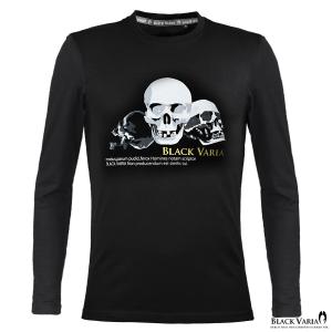 BlackVaria Tシャツ スカル ドクロ 骸骨 箔プリント ブランドロゴ クルーネック 丸首 長袖Tシャツ スリム 細身 mens メンズ(ブラック黒) crzkk059ls｜mroutlet