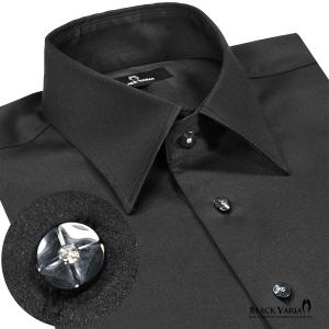 BlackVaria サテンシャツ 無地 長袖 ラインストーンボタン ドレスシャツ パウダーサテン レギュラーカラー 釦シャツ mens メンズ(ブラック黒) 21170