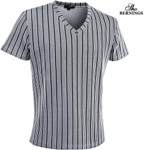 Bernings sho Tシャツ Vネック ストライプ柄 シンプル 半袖 mens メンズ(ホワイト白ブラック黒) 303922｜mroutlet