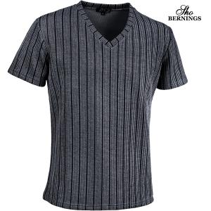 Bernings sho Tシャツ Vネック ストライプ柄 シンプル 半袖 mens メンズ(グレー灰ブラック黒) 303922