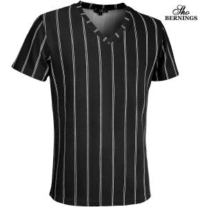 Bernings sho Tシャツ Vネック ストライプ柄 シンプル 半袖 mens メンズ(ブラック黒) 319032｜mroutlet