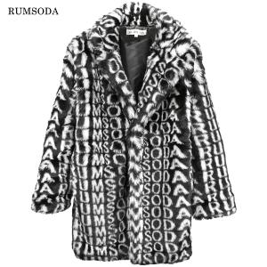 RUMSODA ファーコート テーラードカラー ロゴ柄 フェイクファー 無地