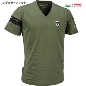 VIOLA rumore ヴィオラルモーレ ビオラ Tシャツ Vネック 袖切替 ラインストーン 半袖Tシャツ mens メンズ(カーキ緑グリーン) 31317