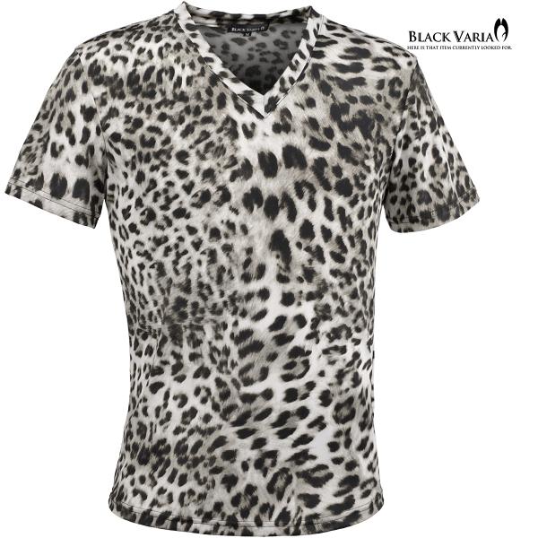 BLACK VARIA Tシャツ 半袖 Vネック ヒョウ柄 豹柄 レオパード 日本製 スリム ファッ...