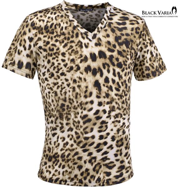 BLACK VARIA Tシャツ 半袖 Vネック ヒョウ柄 豹柄 レオパード 日本製 スリム ファッ...