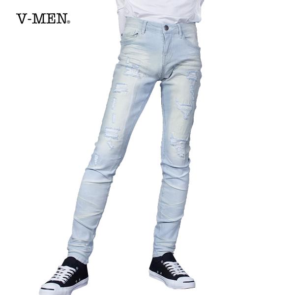 V-men スキニーパンツ リペア加工 ダメージ 細身 クラッシュ ヴィンテージ デニム メンズ(ラ...