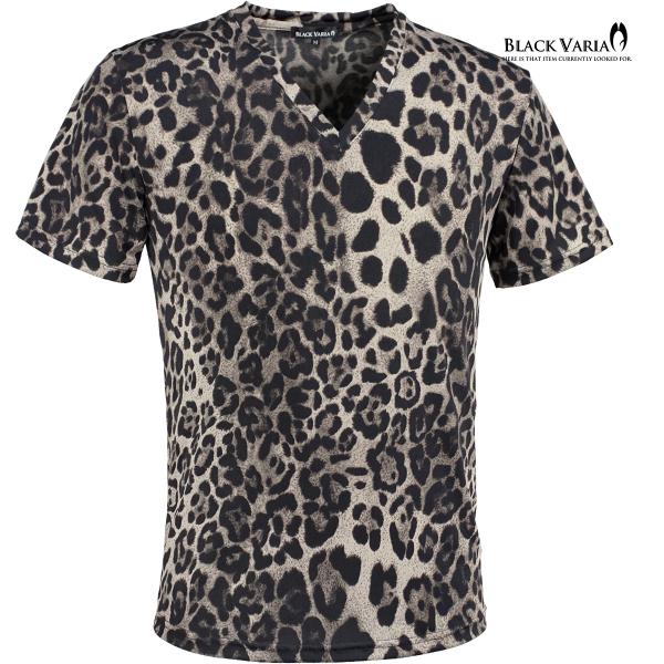 BLACK VARIA Tシャツ 半袖 Vネック ヒョウ柄 豹 レオパード 派手 スリム ストレッチ...