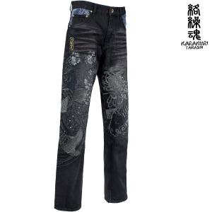 絡繰魂 粋 デニム 風神雷神 mens 和柄 総刺繍 ロングパンツ メンズ