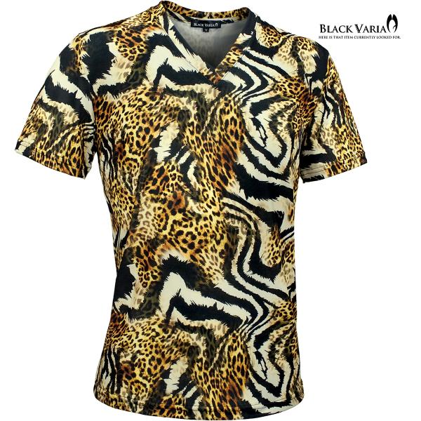 BLACK VARIA Tシャツ 半袖 Vネック ヒョウ柄 タイガー アニマル 派手 スリム 細身 ...