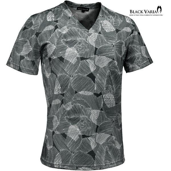 BLACK VARIA Tシャツ 半袖 Vネック 花柄 リーフ ボタニカル アート スリム 細身 ス...