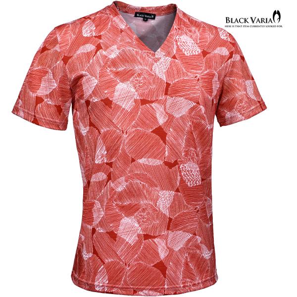 BLACK VARIA Tシャツ 半袖 Vネック 花柄 リーフ ボタニカル アート スリム 細身 ス...