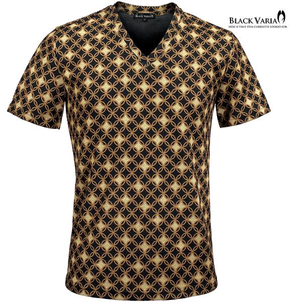 BLACK VARIA Tシャツ 半袖 Vネック 七宝柄 和柄 吉祥文様 スリム 細身 ストレッチ ...